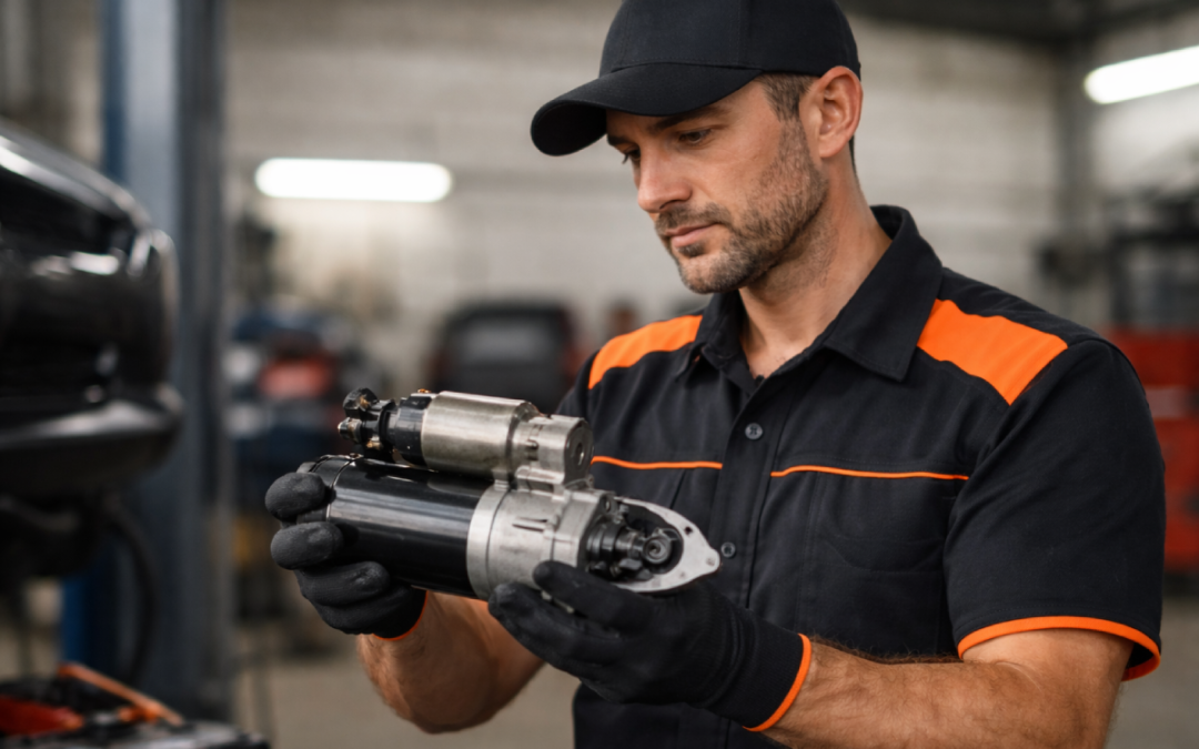 mechanic inspecting starter motor